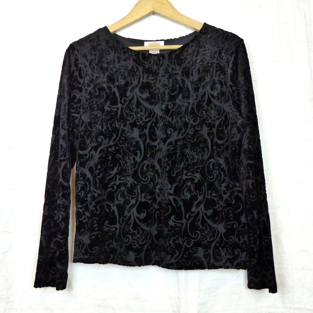 Talbots Velvet Burnout Top Womens L Black Vintage 90s Goth Whimsigoth Witchy